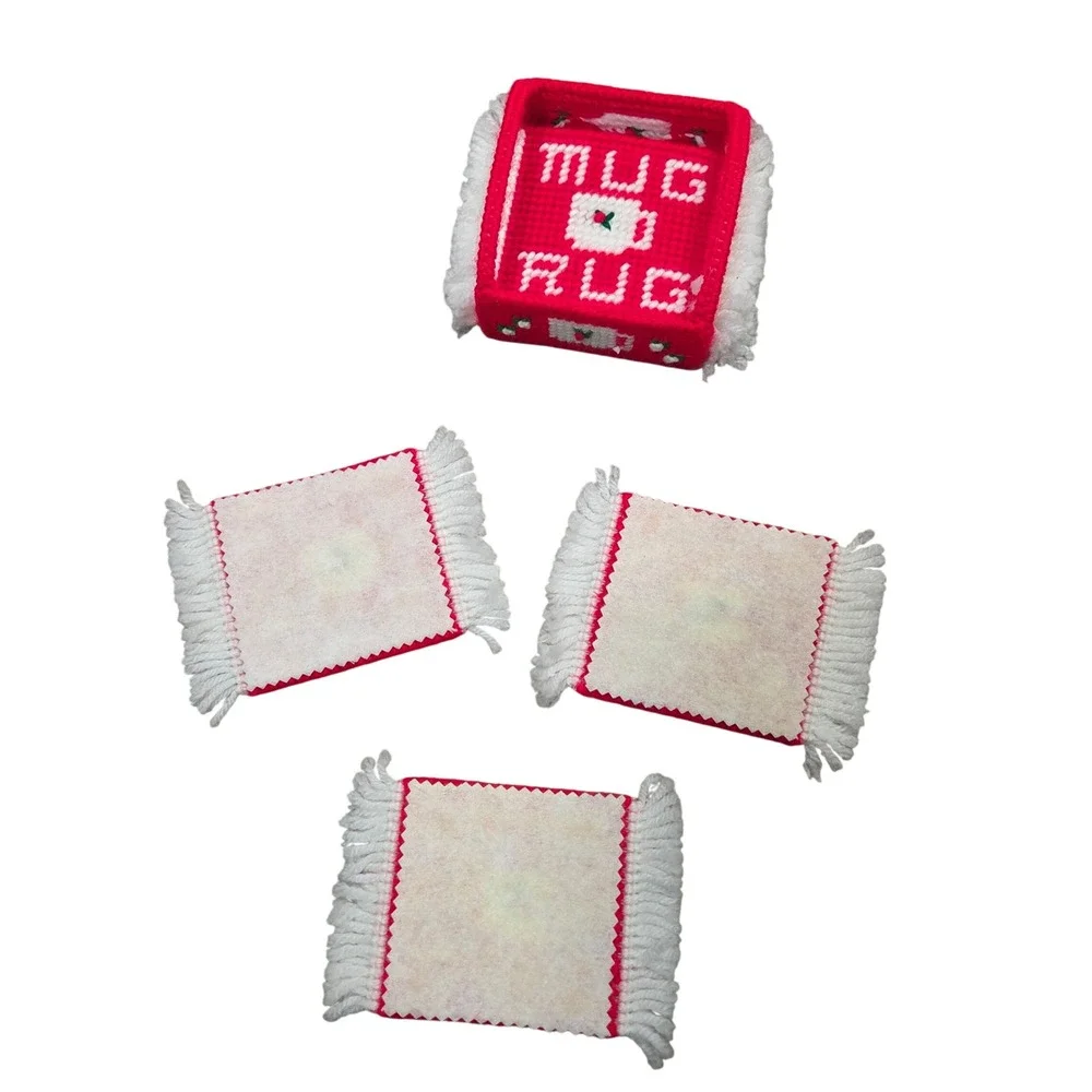 Vintage Handmade Needlepoint Mug Rug Coaster Set Red White 7pc with‎ Holder